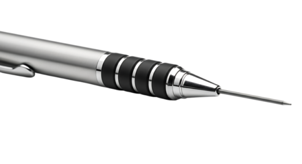 Closeup of a silver mechanical pencil with black grip isolated on transparent background, a versatile tool for writing, drawing, and technical drafting with precision and style