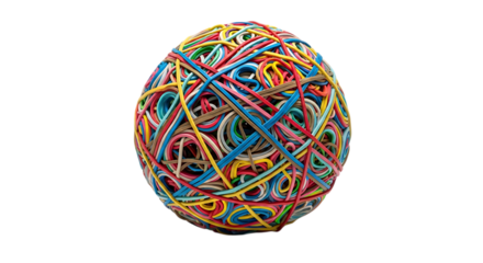 Colorful rubber band ball isolated on transparent background, a vibrant and flexible collection of elastic bands forming a unique sphere, perfect for abstract design
