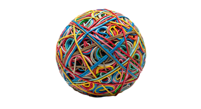 Colorful rubber band ball isolated on transparent background, a vibrant and flexible collection of elastic bands forming a unique sphere, perfect for abstract design