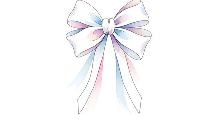 Delicate pastel ribbon bow watercolor illustration with soft gradient hues, pale pink-blue satin bow for gift wrapping and craft design, elegant decorative bow with flowing tails