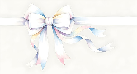 Delicate pastel ribbon bow watercolor illustration with soft gradient hues, pale pink-blue satin bow for gift wrapping and craft design, elegant decorative bow with flowing tails