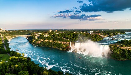 Aerial view of powerful waterfalls cascading into a turquoise river, lush greenery