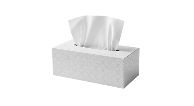A white tissue box with tissues sticking out of the top isolated on transparent background, perfect for cleaning up messes and staying healthy during cold and flu season