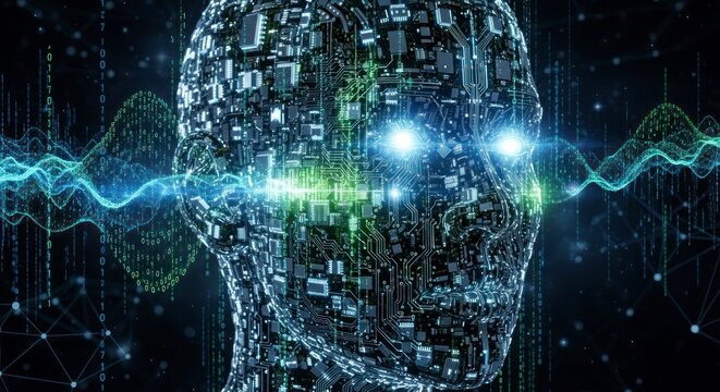 A futuristic head, composed of intricate circuit board patterns, radiates light and energy, interacting with digital waves of information.