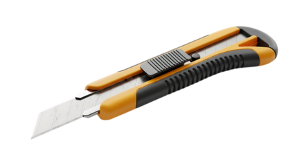 Utility knife with a sharp blade isolated on transparent background, a versatile tool for cutting various materials with precision and safety in office or construction