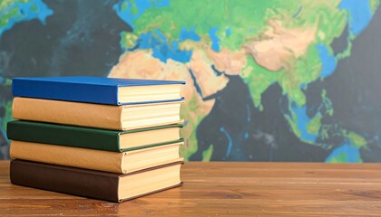 A stack of colorful hardback books sits on a wooden surface in front of a world map, creating a serene and academic atmosphere.