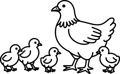 Hen and Chicks: Simple Line Art Illustration, Motherly, Protective Mood