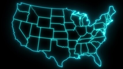 Abstract technical USA map, A detailed map of the United States of America, including Alaska and Hawaii, appearing with a neon laser light and a directional glow transparent background. - Powered by Adobe
