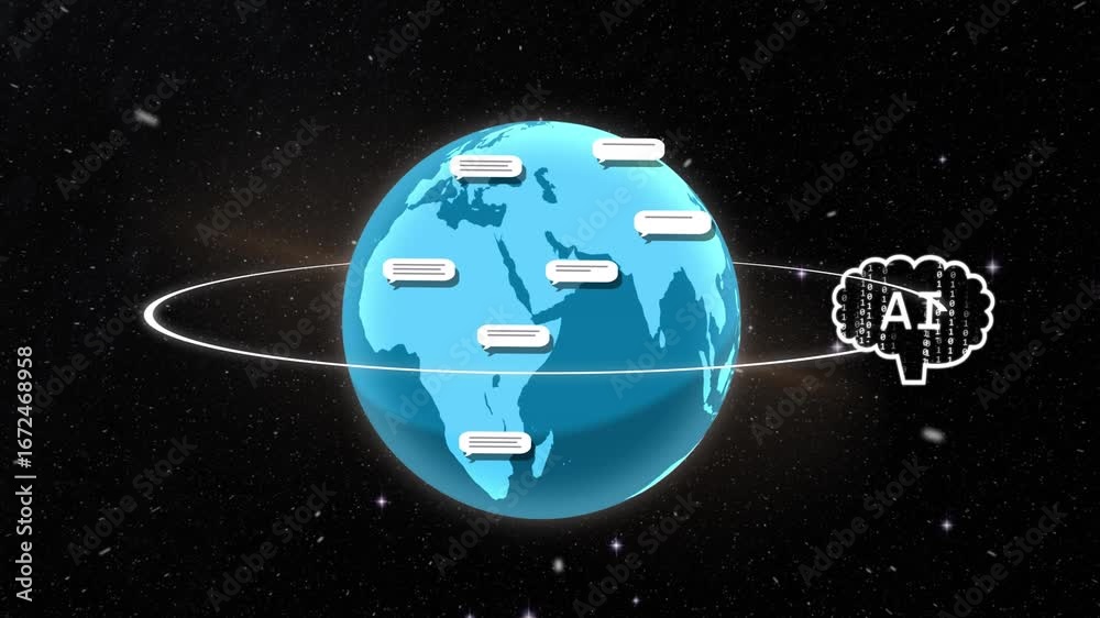 Wall mural animation of cloud with ai text and notifications spinning around globe over galaxy
