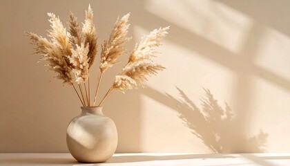 Naklejka premium Beige Pampas Grass in Ceramic Vase, Sunlit Minimalist Decor