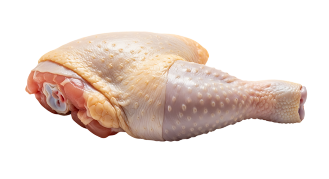 Fresh raw chicken leg isolated on transparent background, showcasing the skin and meat, perfect for culinary preparation and providing a healthy source of protein - Powered by Adobe