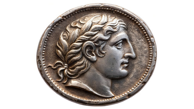 Close up of an ancient silver coin with a portrait of a man in profile against a white background