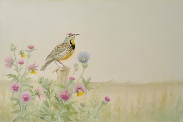 Bird resting around flowers