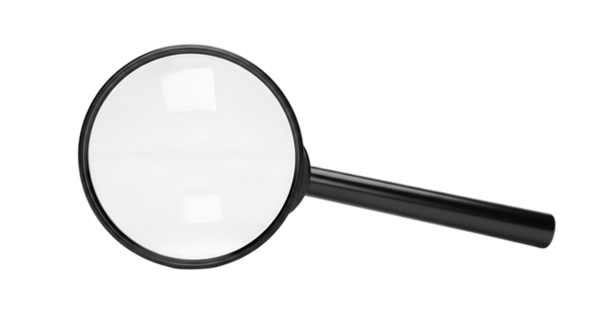 Magnifying glass isolated on transparent background, a tool for magnifying objects and text, commonly used for reading, research, and inspection, providing a closer look at details