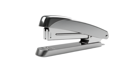 Silver stapler isolated on transparent background, a reliable office tool for securely fastening documents and streamlining paperwork, essential for efficient organization and productivity