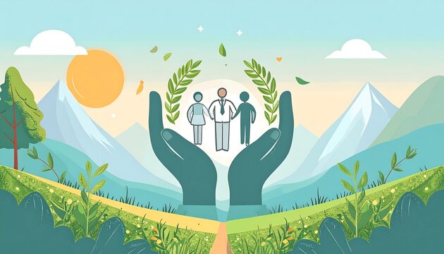 Digital image of hands cradling healthcare workers in a pastoral landscape setting