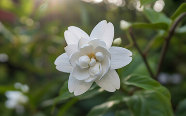 Delicate White Flower Blossom with Soft Petals and a Sunny Backdrop, Reflecting the Beauty of Nature