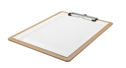Blank clipboard with paper isolated on transparent background, a versatile tool for organizing notes, documents, and memos in any office or business setting with ample writing space