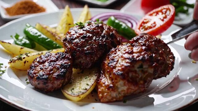 Professionally Styled graph of Traditional Spicy Meat Kebab Dish with Accompaniments