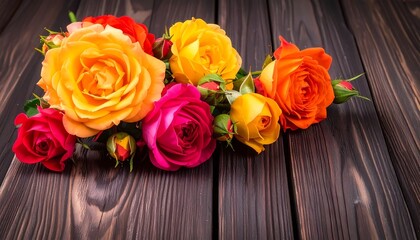 Colorful roses in various shades arranged beautifully on aged, dark-stained wooden planks