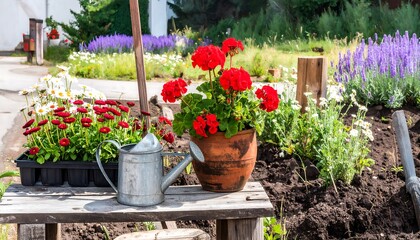 Outdoor garden scene with planted pots, watering can and colorful flower beds