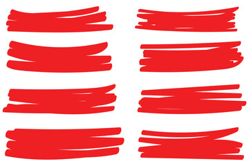 Red marker strokes set. Hand drawn lines for underlining text. Grunge brush paint stripes. Highlight scribble. Set of red marker paint texture. Stroke isolated on white background. eps 10