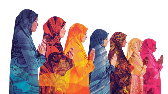 Diverse Muslim Women Praying Together in Unity and Faith - Powered by Adobe