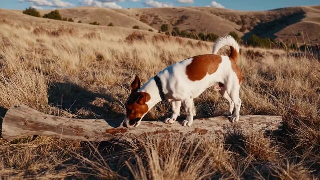 Jack Russell breed canine is standing atop dropped timber log in arid region