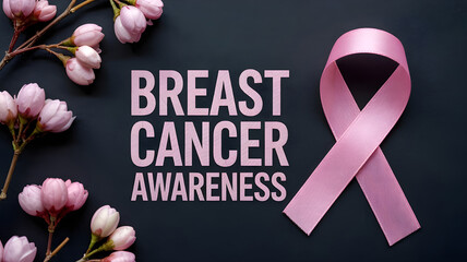 A visually striking graphic of the text Breast Cancer Awareness in bold, pink letters on a dark background