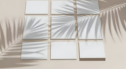 Fototapeta premium Nine White Squares with Palm Leaf Shadows on a Beige Surface.