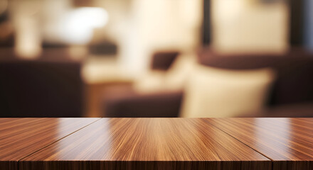Polished Wooden Table with Blurred Background of Living Room Furniture.