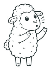 Cartoon Lamb with Raised Arm, Outline Style