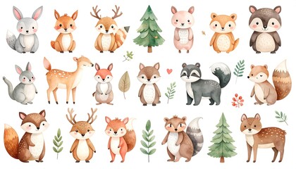 Cute woodland animals watercolor set