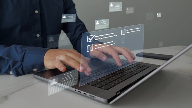 Business person marked checklist on a clipboard. Human resources and management. Employees must complete online survey form with answer test questions.	