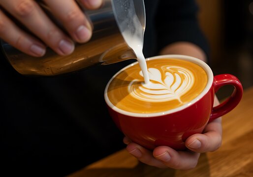  barista pouring milk into a red cup to create latte art with a heart shape