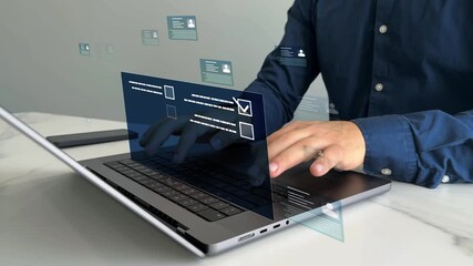 Employees must complete online survey form with answer test questions.	Human resources and management employment.Digital questionnaire and business communication concept.