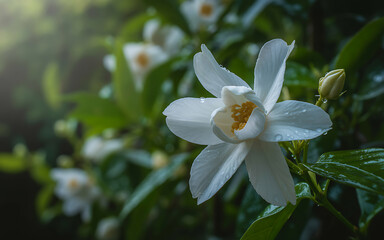 Obraz premium Delicate White Blossom After Rain A Study in Floral Beauty and Freshness with Water Droplets