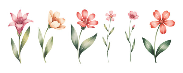 Watercolor floral stems with pink and peach blossoms.