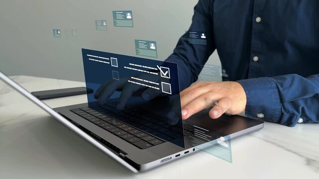 Employees must complete online survey form with answer test questions.	Human resources and management employment.Digital questionnaire and business communication concept.