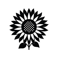 Stylized black and white sunflower silhouette with petals and leaves isolated on white background isolated on transparent background