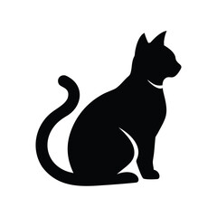 Silhouette of a black cat sitting attentively with its tail curled isolated on white background isolated on transparent background