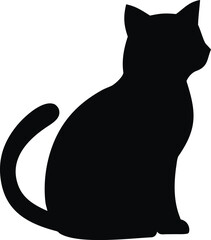 Minimalist sitting cat silhouette with curled tail isolated on white background isolated on transparent background