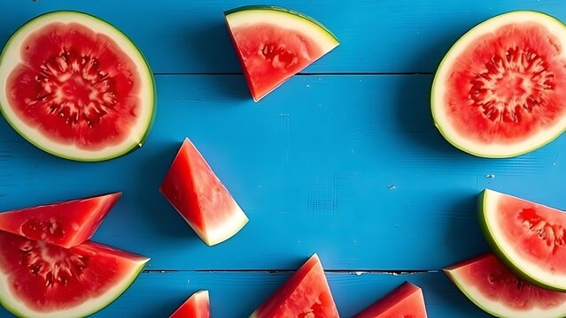 Fresh watermelon slices arranged on a rustic blue wooden surface.