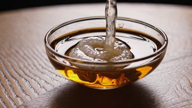 fermented apple juice product containing symbiotic culture of acetic acid bacteria and yeast, presented in small shallow dish.