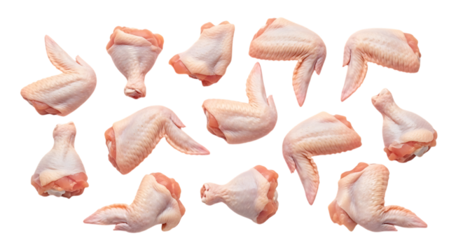 Fresh raw chicken wings, isolated on transparent background, perfect ingredient for delicious meals, rich in protein, ideal for grilling and barbecuing