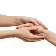 Hands of young person holding elderly hand with care on white background