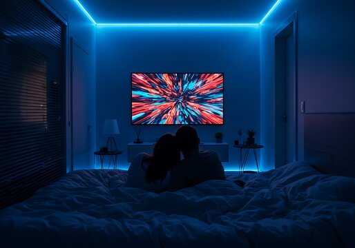  couple watching a movie on a large tv in a bedroom with blue neon lights, lying on a bed