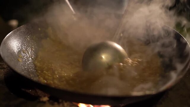 closeup shot boiling lentil in a pot. Cooking spicy dal. 