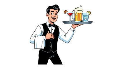 A Gentleman's Service: A sophisticated waiter serves beverages with a welcoming smile and charm, reflecting a professional hospitality ambiance