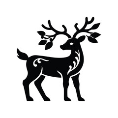 Elegant black silhouette of a majestic deer with ornate antlers isolated on white background isolated on transparent background